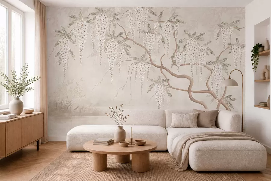 wall murals Бели каскадни цветови изнад мирне воде w05694