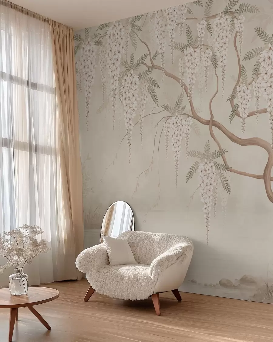 wall murals Бели каскадни цветови изнад мирне воде w05694
