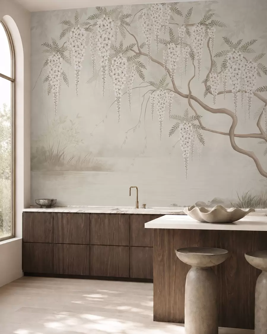wall murals Бели каскадни цветови изнад мирне воде w05694