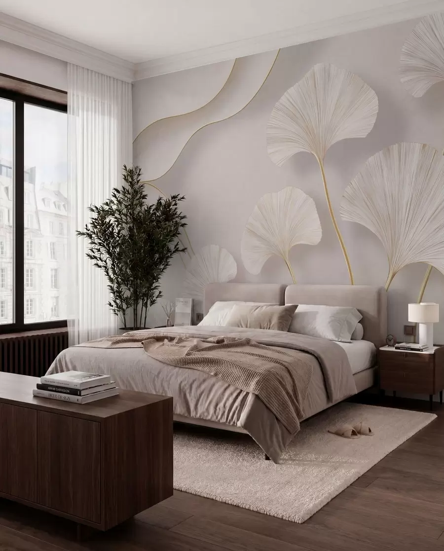 wall murals Пуног тела, светли листови гинка са течним линијама на мермерној позадини w05734