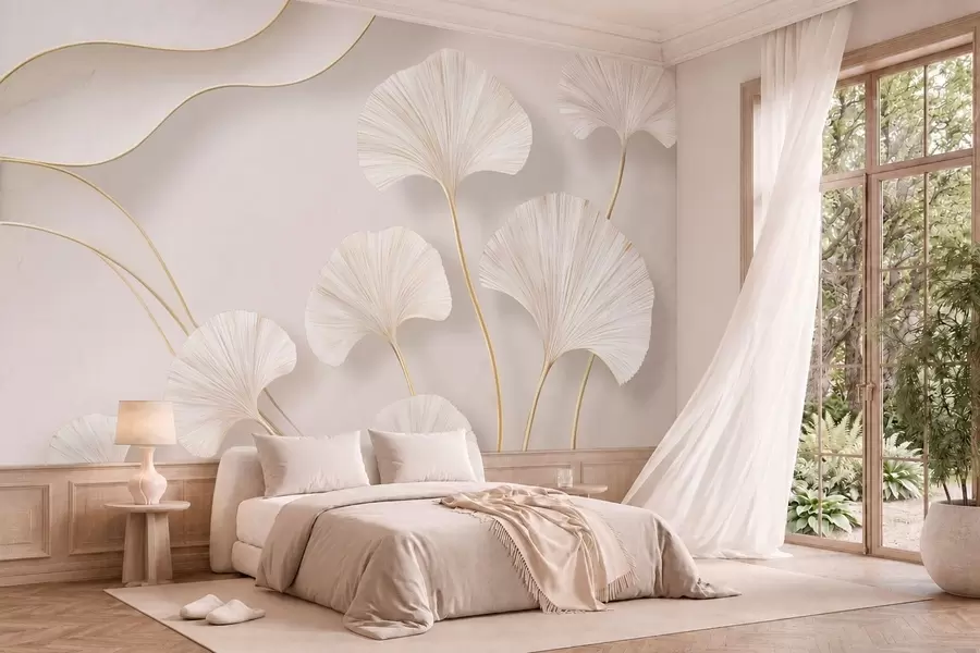 wall murals Пуног тела, светли листови гинка са течним линијама на мермерној позадини w05734