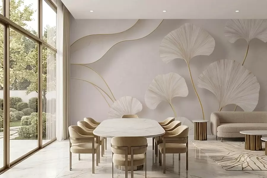 wall murals Пуног тела, светли листови гинка са течним линијама на мермерној позадини w05734