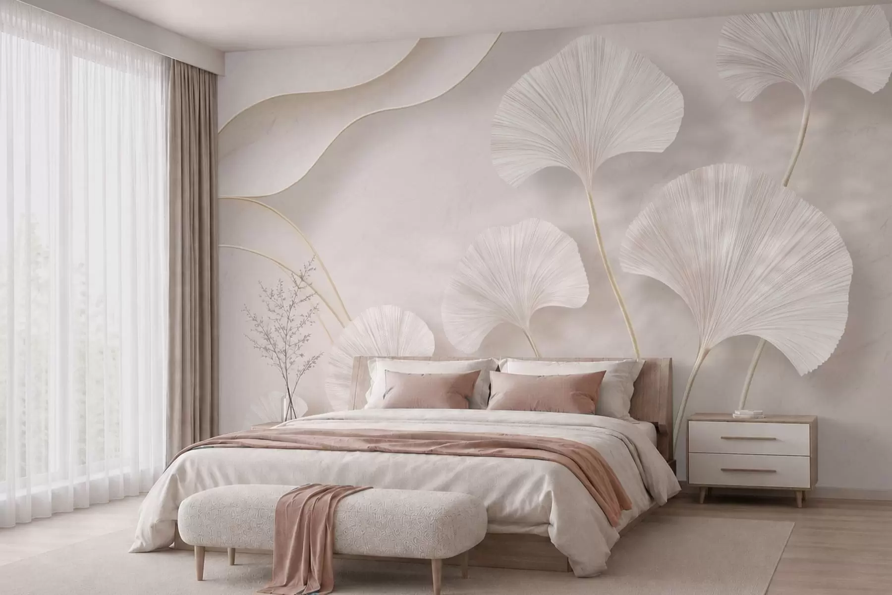 wall murals Светло обојени листови гинка на мекој мермерној позадини w05734v1