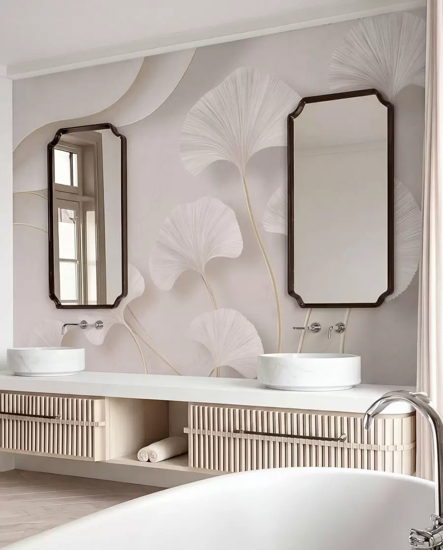 wall murals Светло обојени листови гинка на мекој мермерној позадини w05734v1