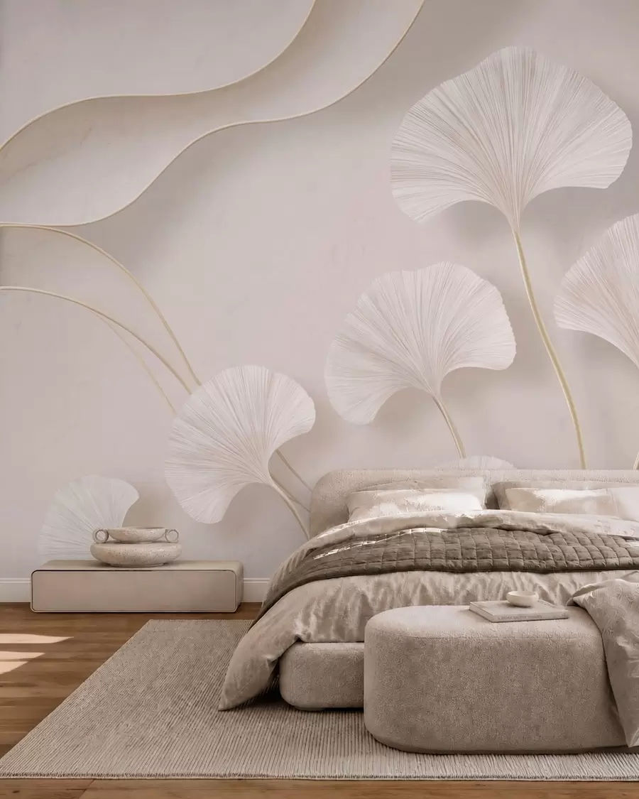 wall murals Светло обојени листови гинка на мекој мермерној позадини w05734v1