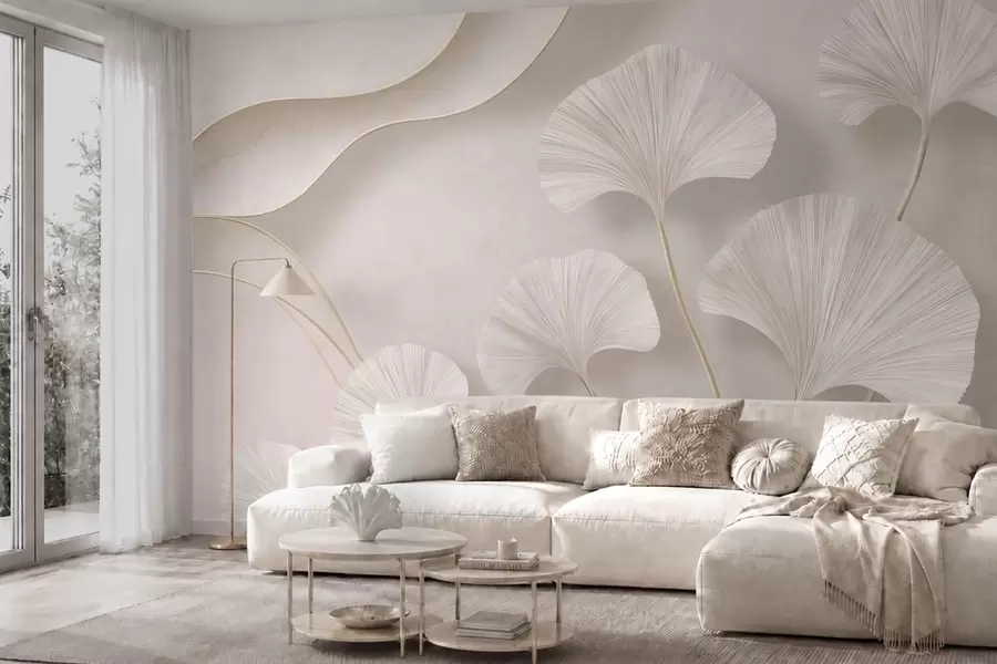 wall murals Светло обојени листови гинка на мекој мермерној позадини w05734v1