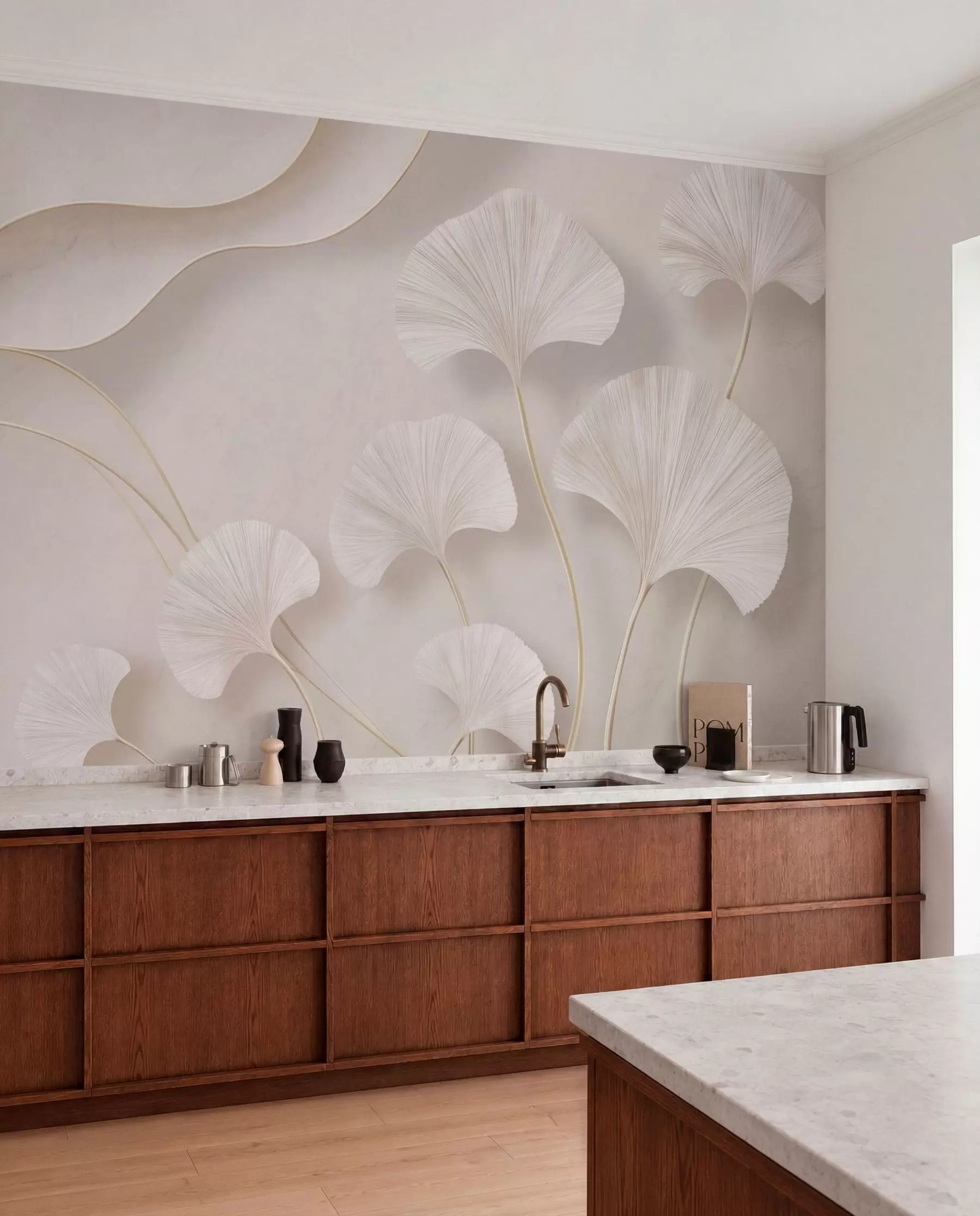 wall murals Светло обојени листови гинка на мекој мермерној позадини w05734v1