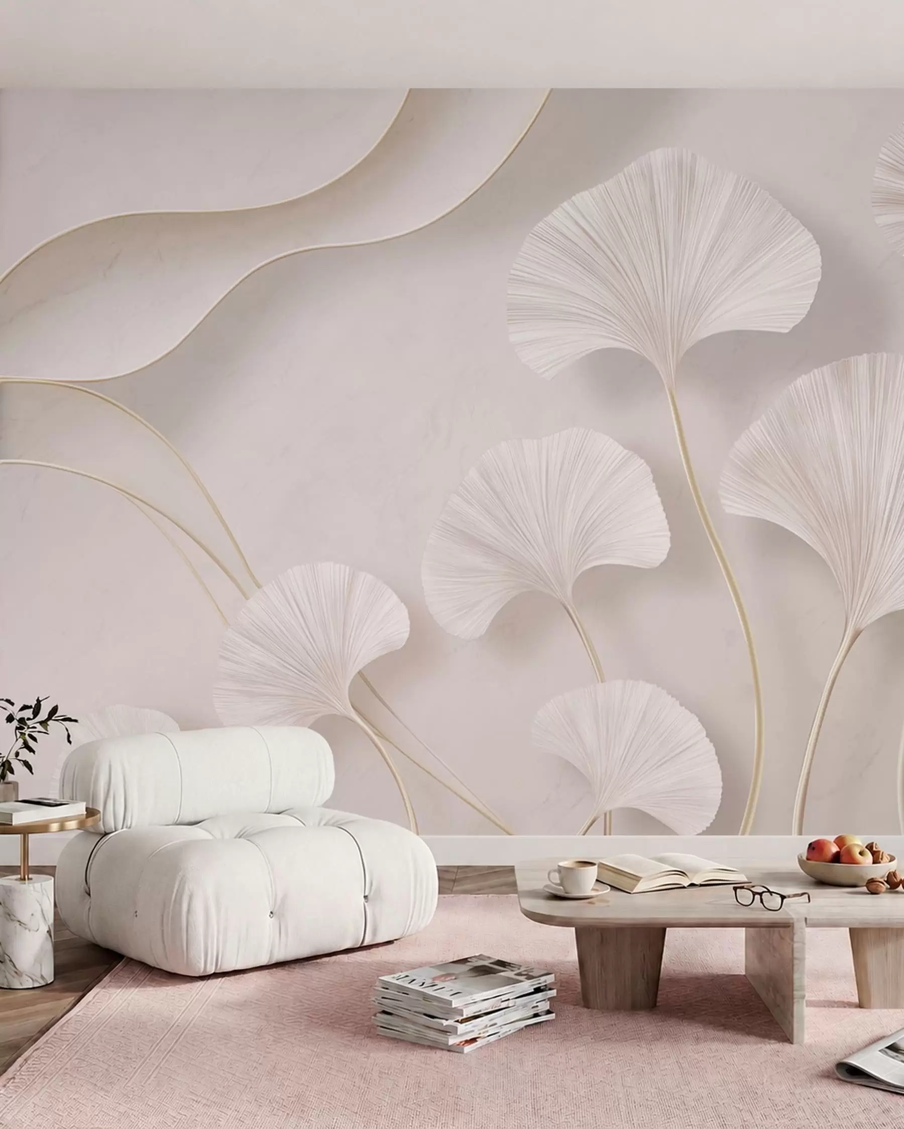 wall murals Светло обојени листови гинка на мекој мермерној позадини w05734v1