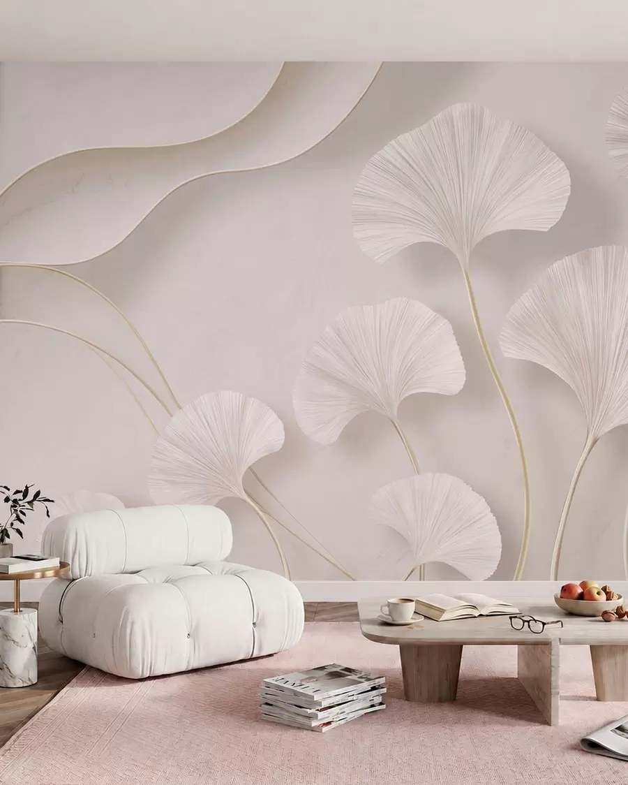 wall murals Светло обојени листови гинка на мекој мермерној позадини w05734v1