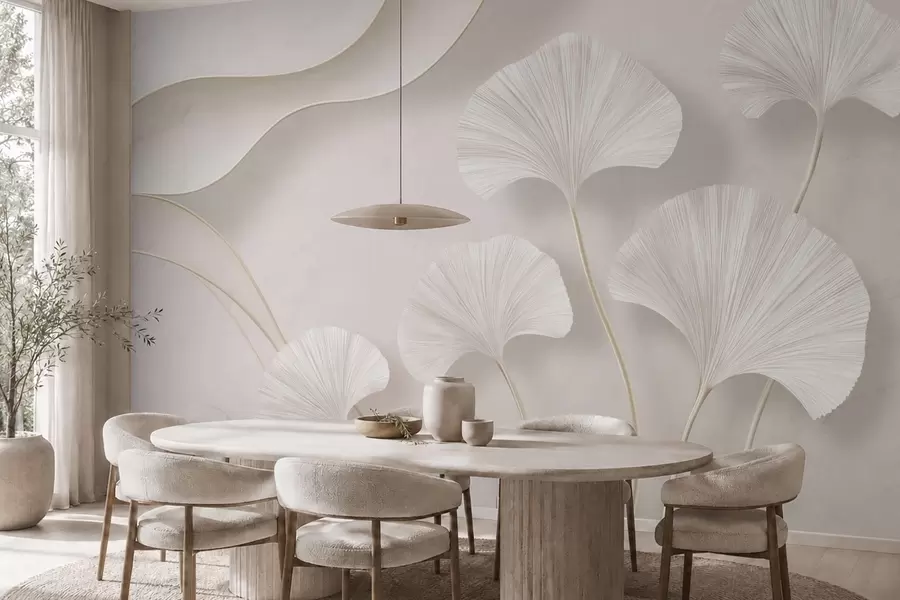 wall murals Светло обојени листови гинка на мекој мермерној позадини w05734v1