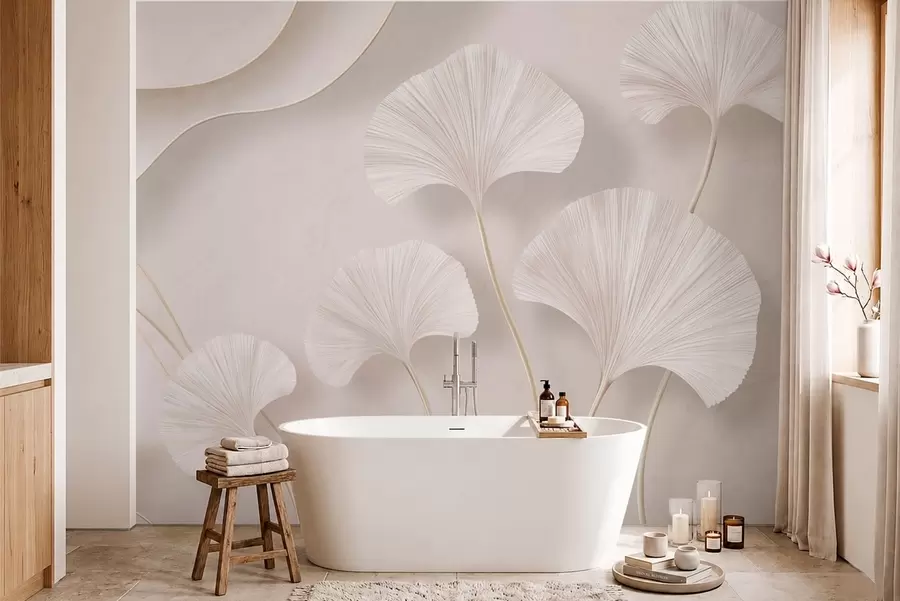 wall murals Светло обојени листови гинка на мекој мермерној позадини w05734v1