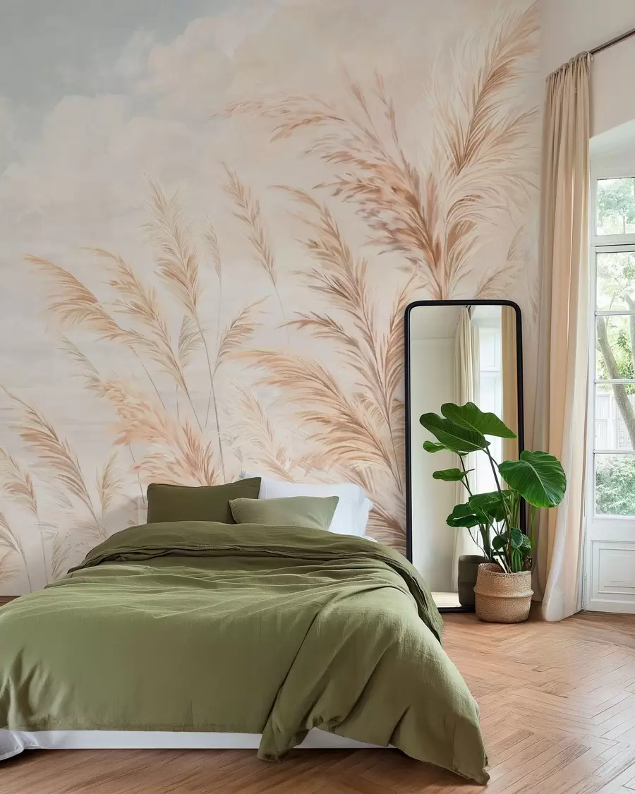 wall murals Меке, високе стабљике пшенице и траве под облачним небом w05735