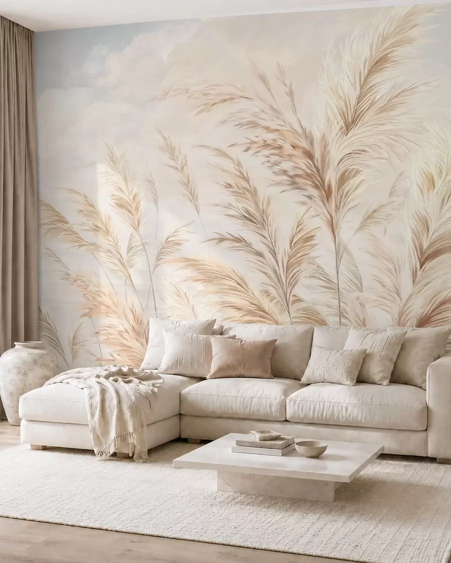wall murals Меке, високе стабљике пшенице и траве под облачним небом w05735