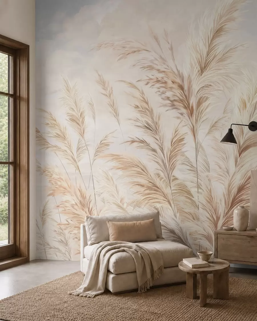 wall murals Меке, високе стабљике пшенице и траве под облачним небом w05735