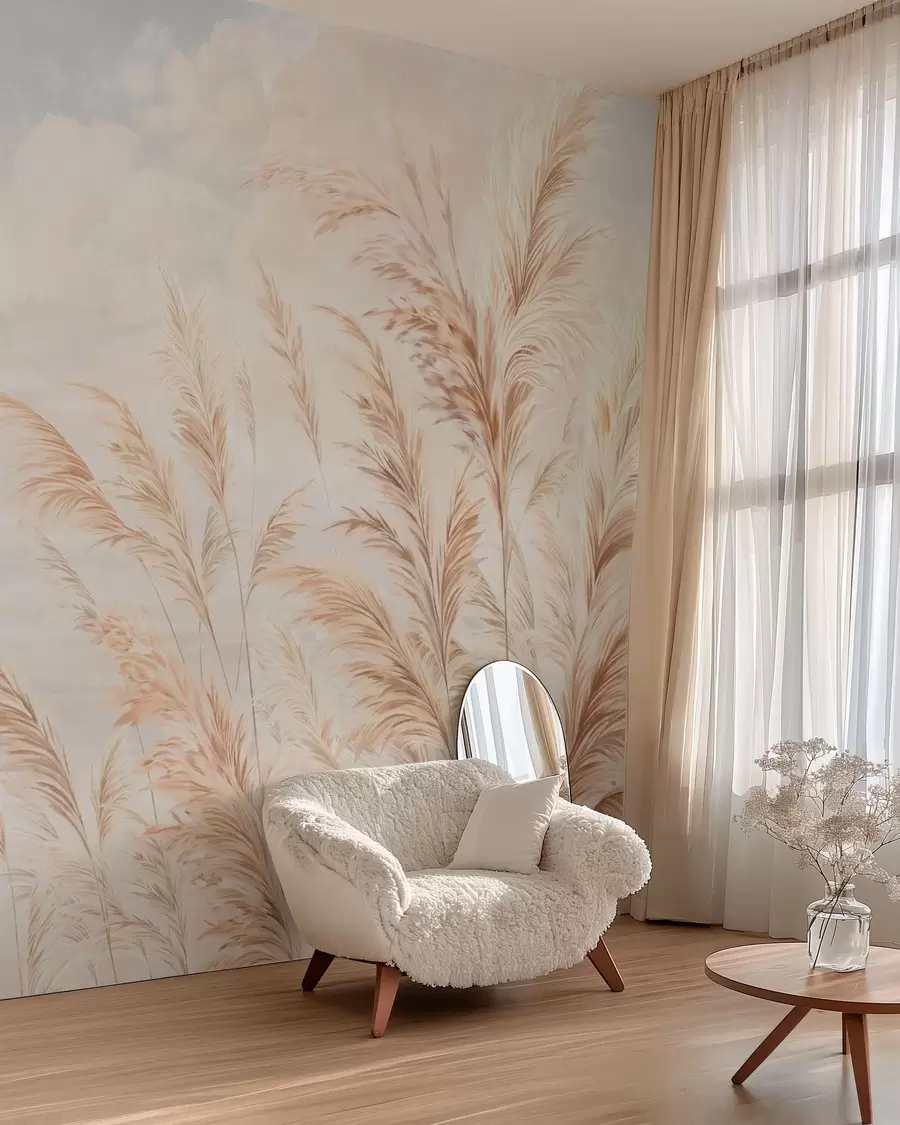 wall murals Меке, високе стабљике пшенице и траве под облачним небом w05735