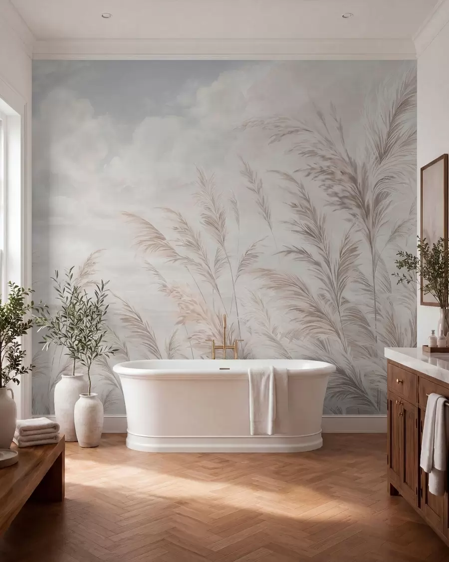 wall murals Нежне траве поред воде под лаганим облацима w05735v1