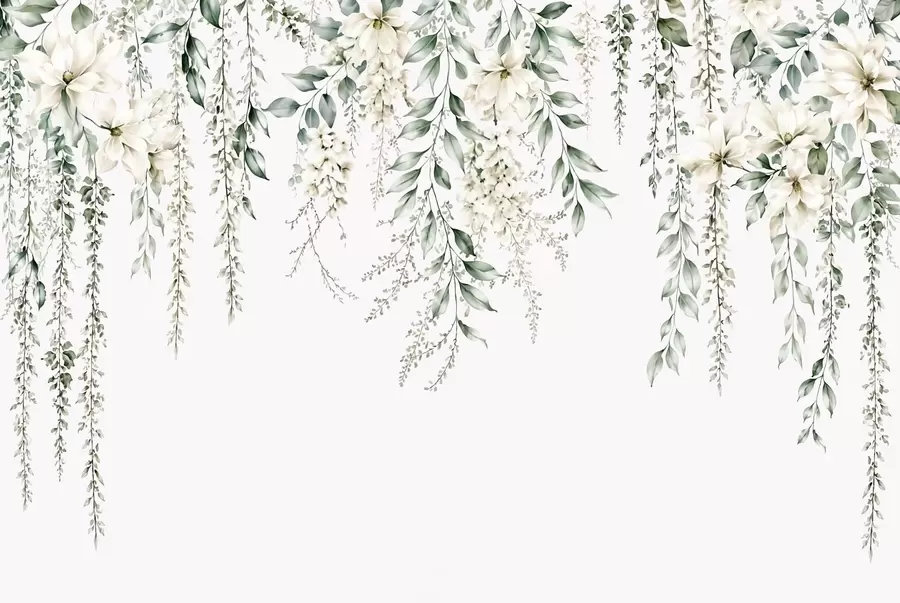 wall murals Каскадно цвеће и зелено лишће на светлој позадини w05736