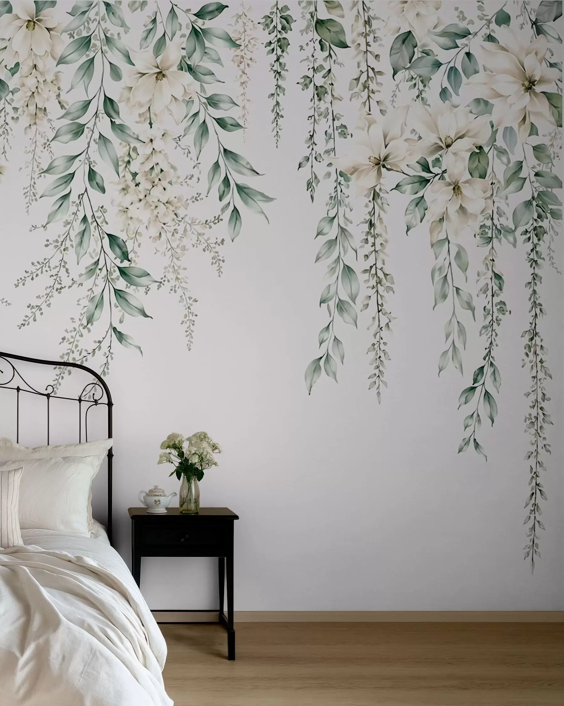 wall murals Каскадно цвеће и зелено лишће на светлој позадини w05736