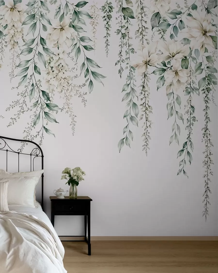 wall murals Каскадно цвеће и зелено лишће на светлој позадини w05736