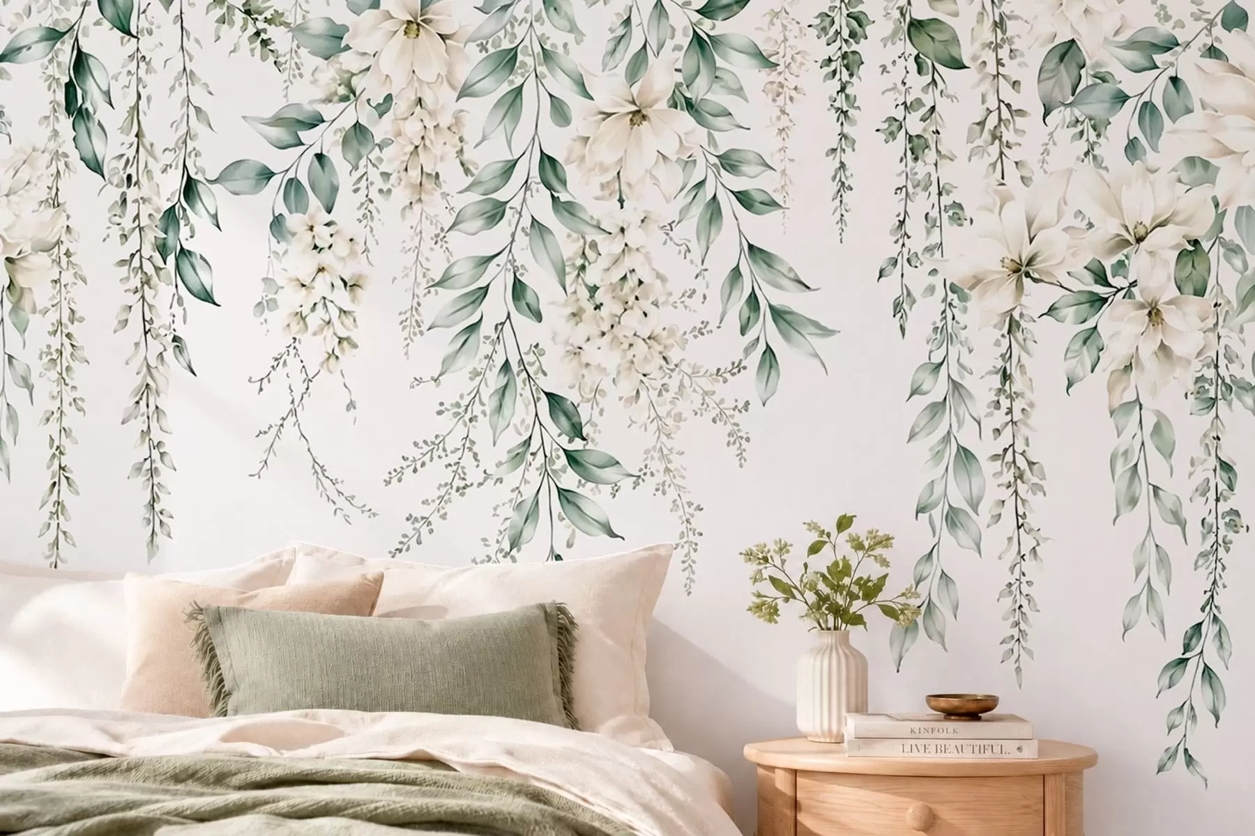 wall murals Каскадно цвеће и зелено лишће на светлој позадини w05736