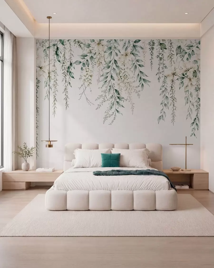 wall murals Каскадно цвеће и зелено лишће на светлој позадини w05736