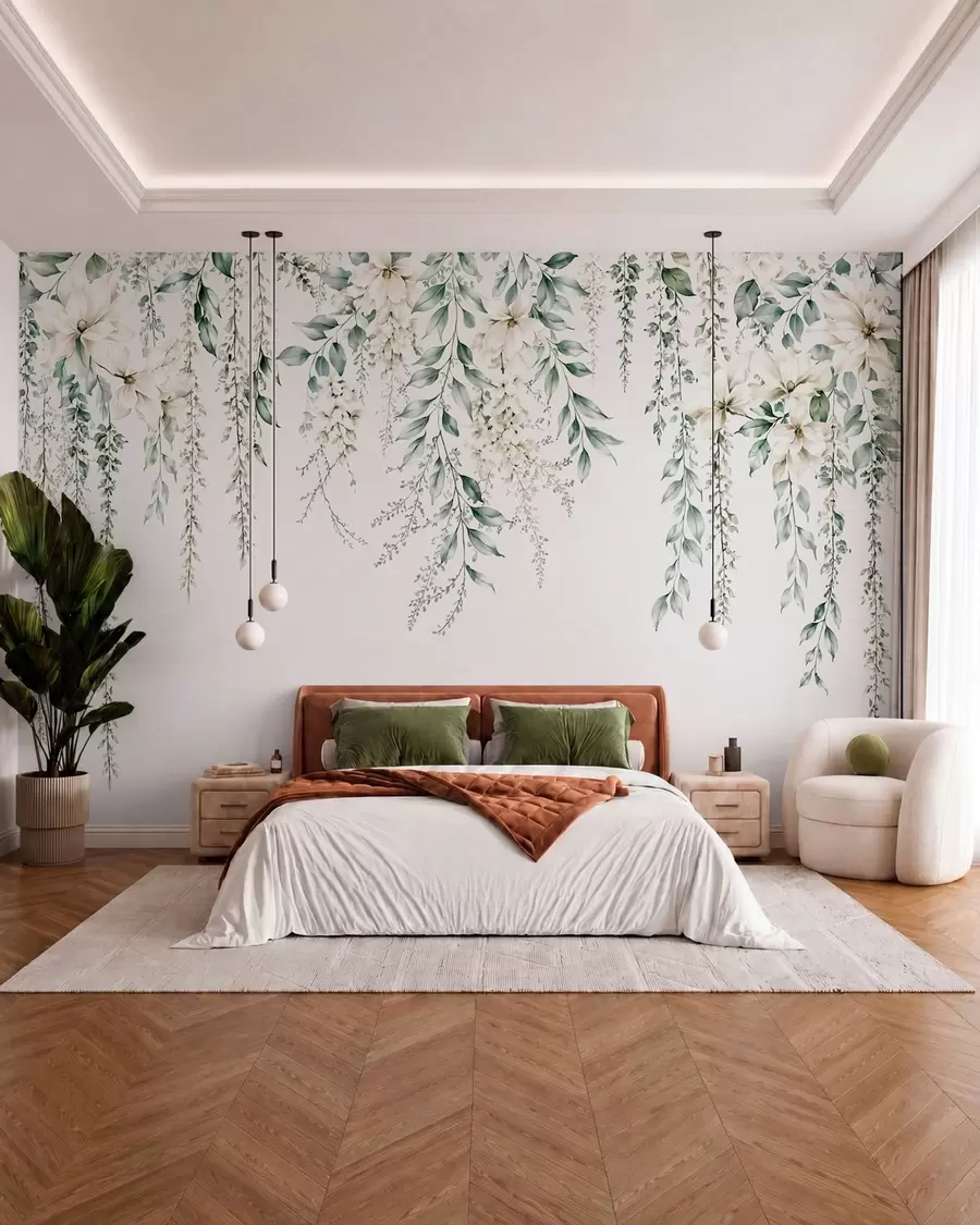 wall murals Каскадно цвеће и зелено лишће на светлој позадини w05736