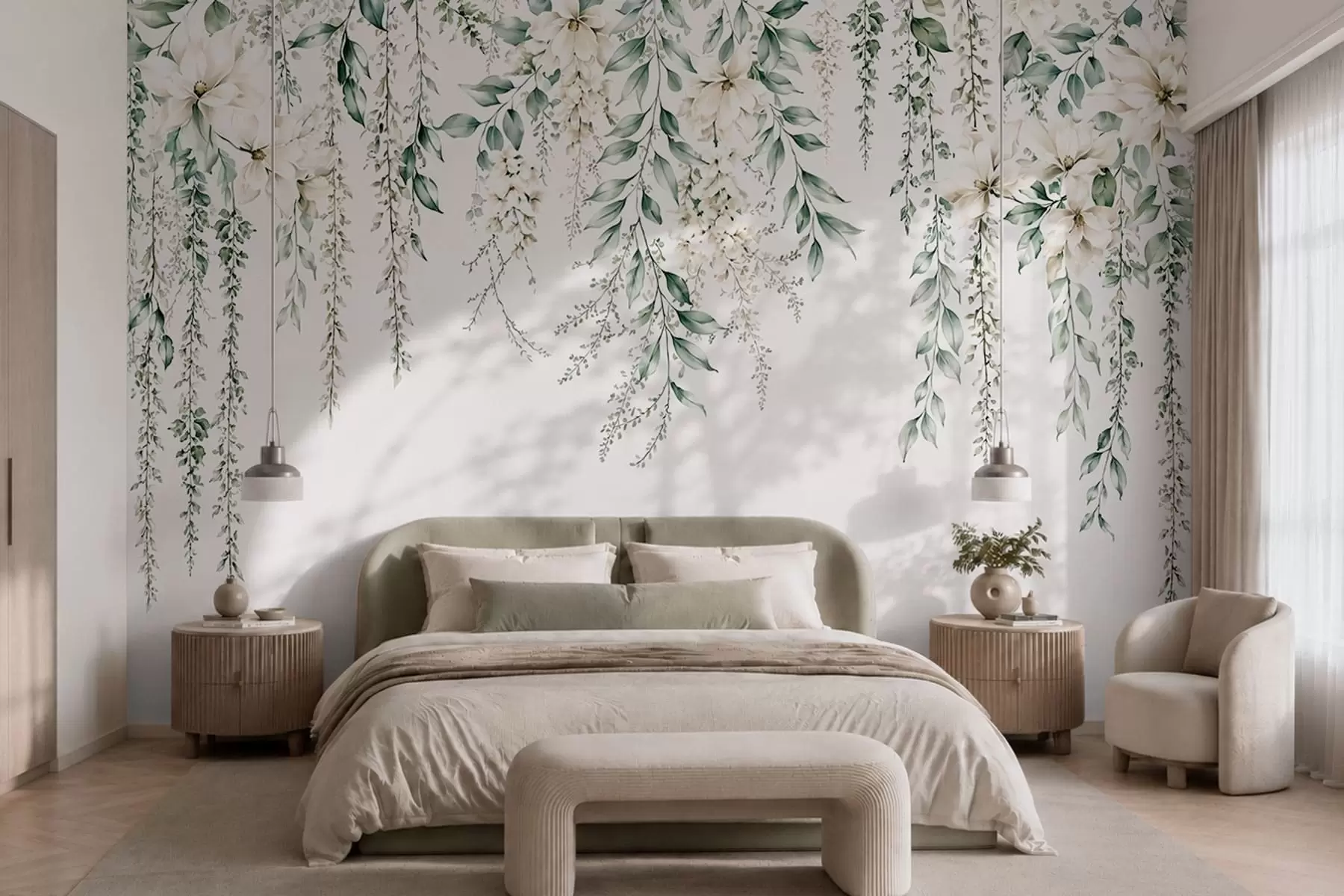 wall murals Каскадно цвеће и зелено лишће на светлој позадини w05736