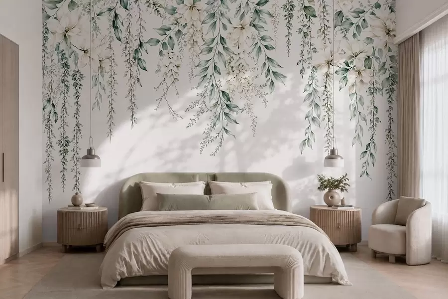 wall murals Каскадно цвеће и зелено лишће на светлој позадини w05736