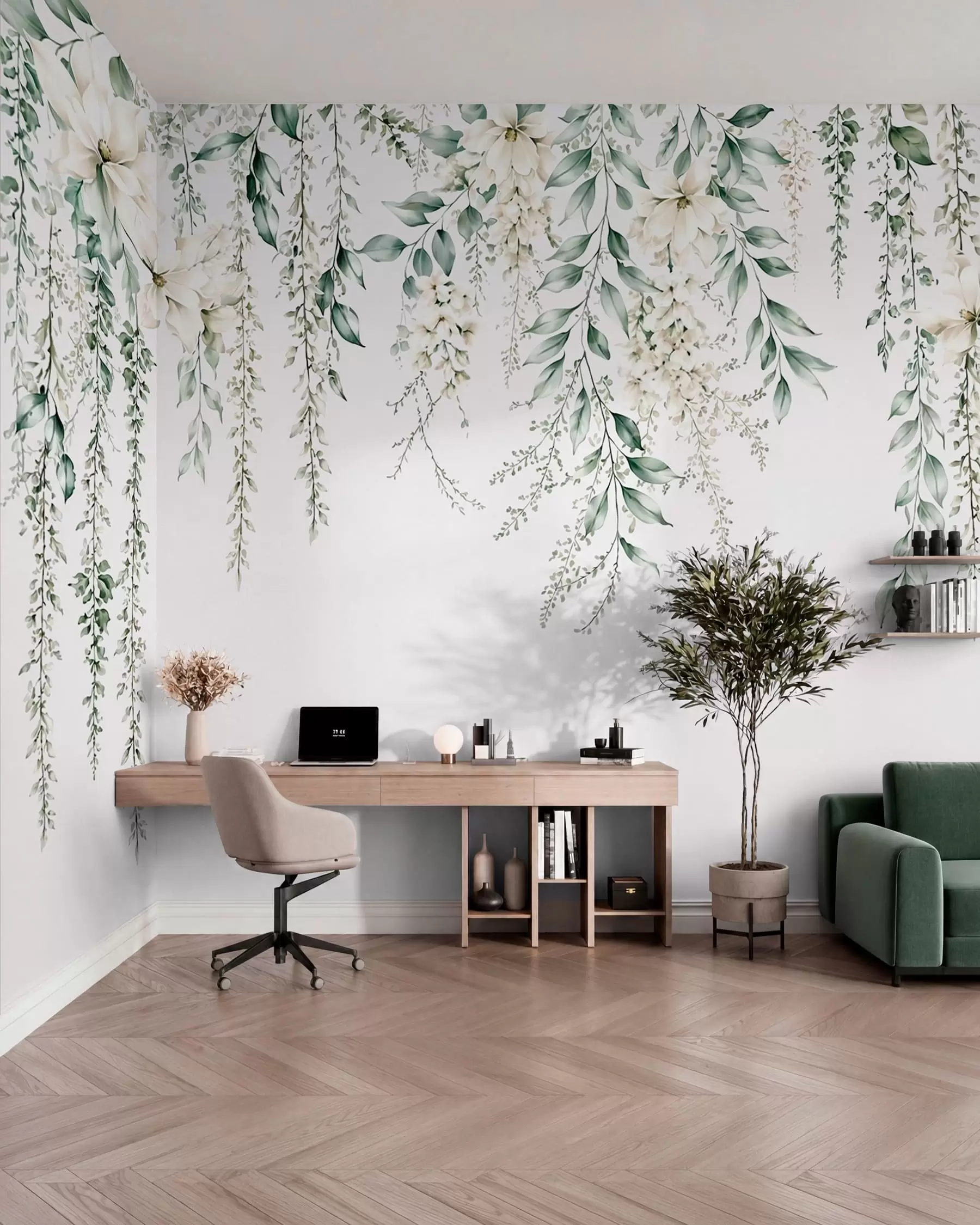 wall murals Каскадно цвеће и зелено лишће на светлој позадини w05736