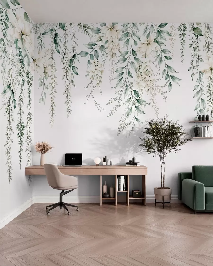 wall murals Каскадно цвеће и зелено лишће на светлој позадини w05736