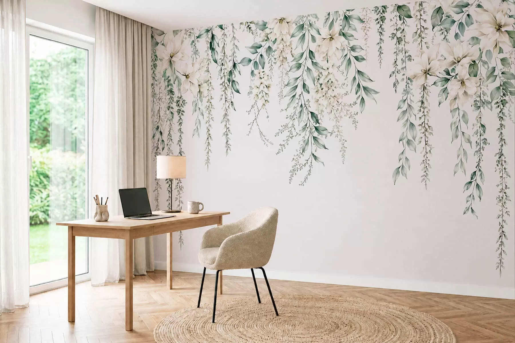 wall murals Каскадно цвеће и зелено лишће на светлој позадини w05736