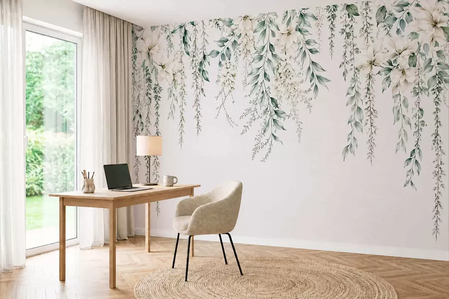 wall murals Каскадно цвеће и зелено лишће на светлој позадини w05736
