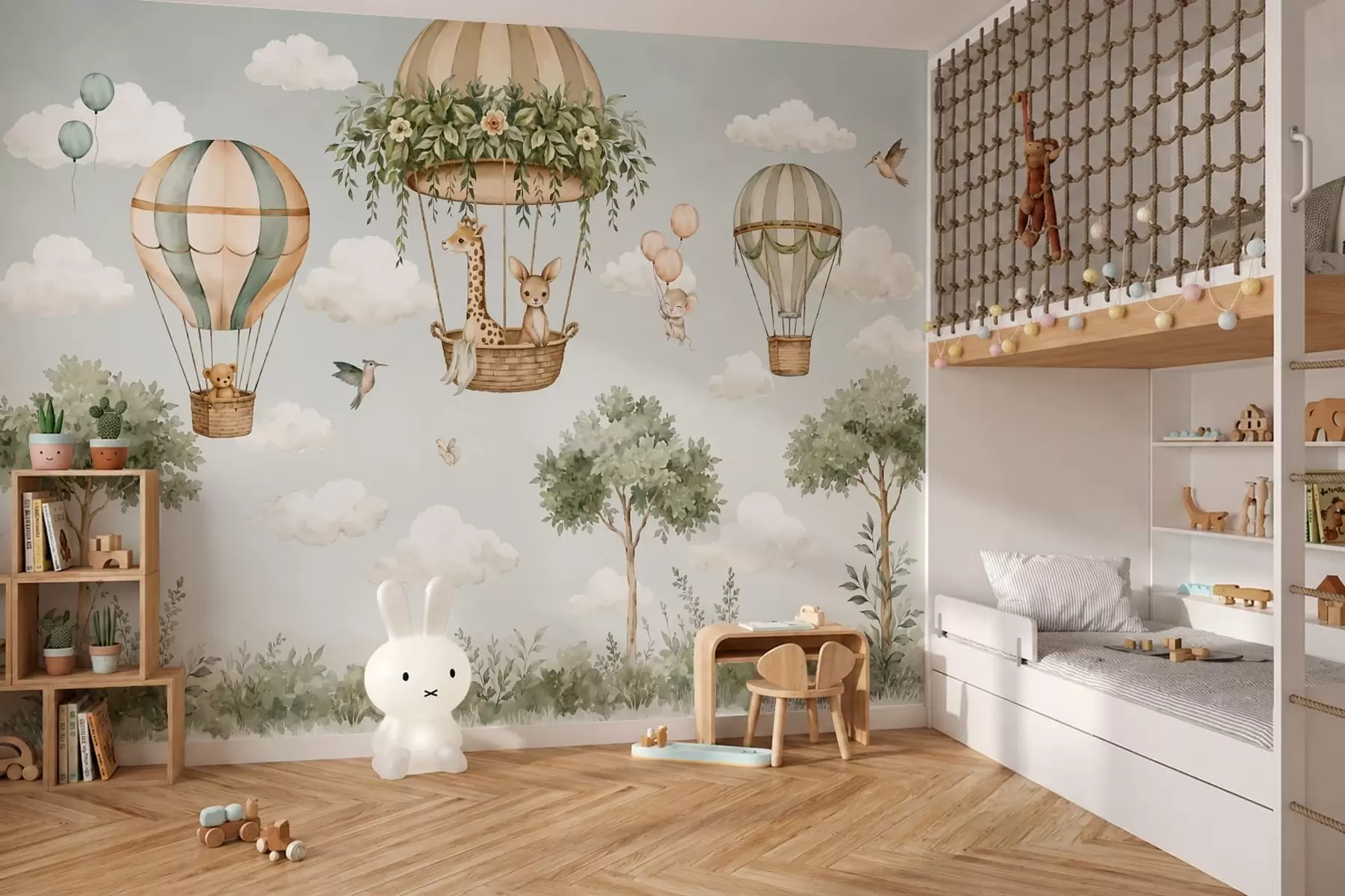 wall murals Балони на врући ваздух са жирафом, кенгуром, медведом и другим животињама међу облацима и дрвећем w05738