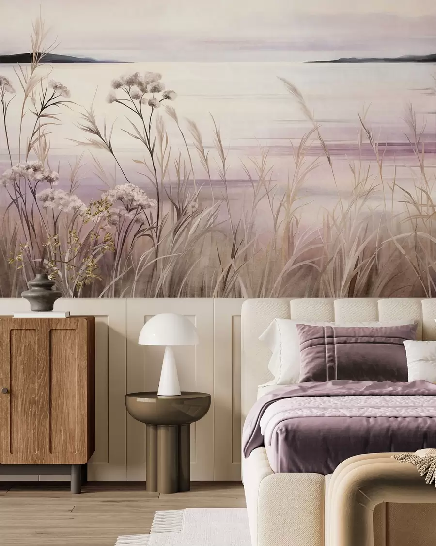 wall murals Пејзажно текстурирано суво цвеће и висока трава близу реке, меко, пастелно небо w09939