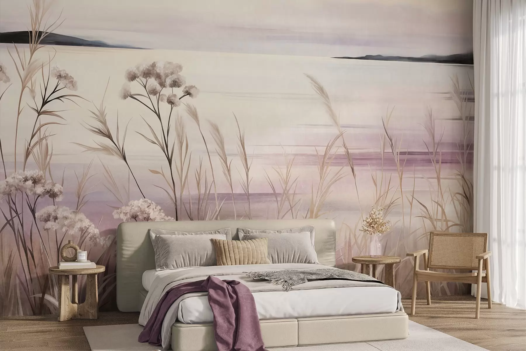 wall murals Пејзажно текстурирано суво цвеће и висока трава близу реке, меко, пастелно небо w09939