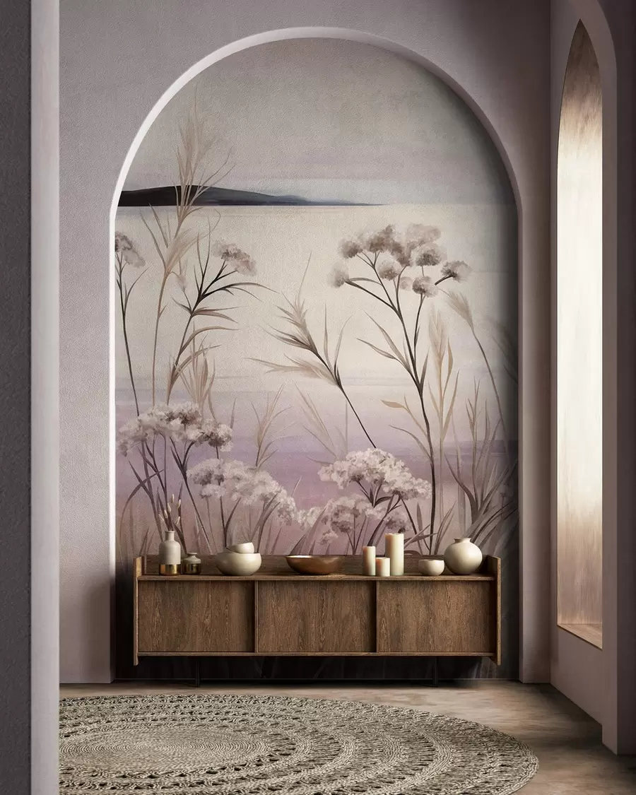 wall murals Пејзажно текстурирано суво цвеће и висока трава близу реке, меко, пастелно небо w09939