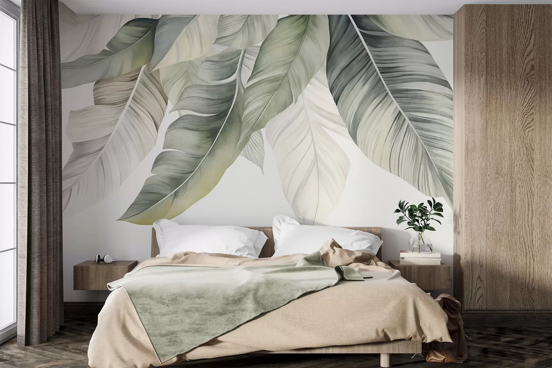 wall murals Велики, бледозелени листови банане са детаљним венама, текстурирана уметност, светла позадина w09941