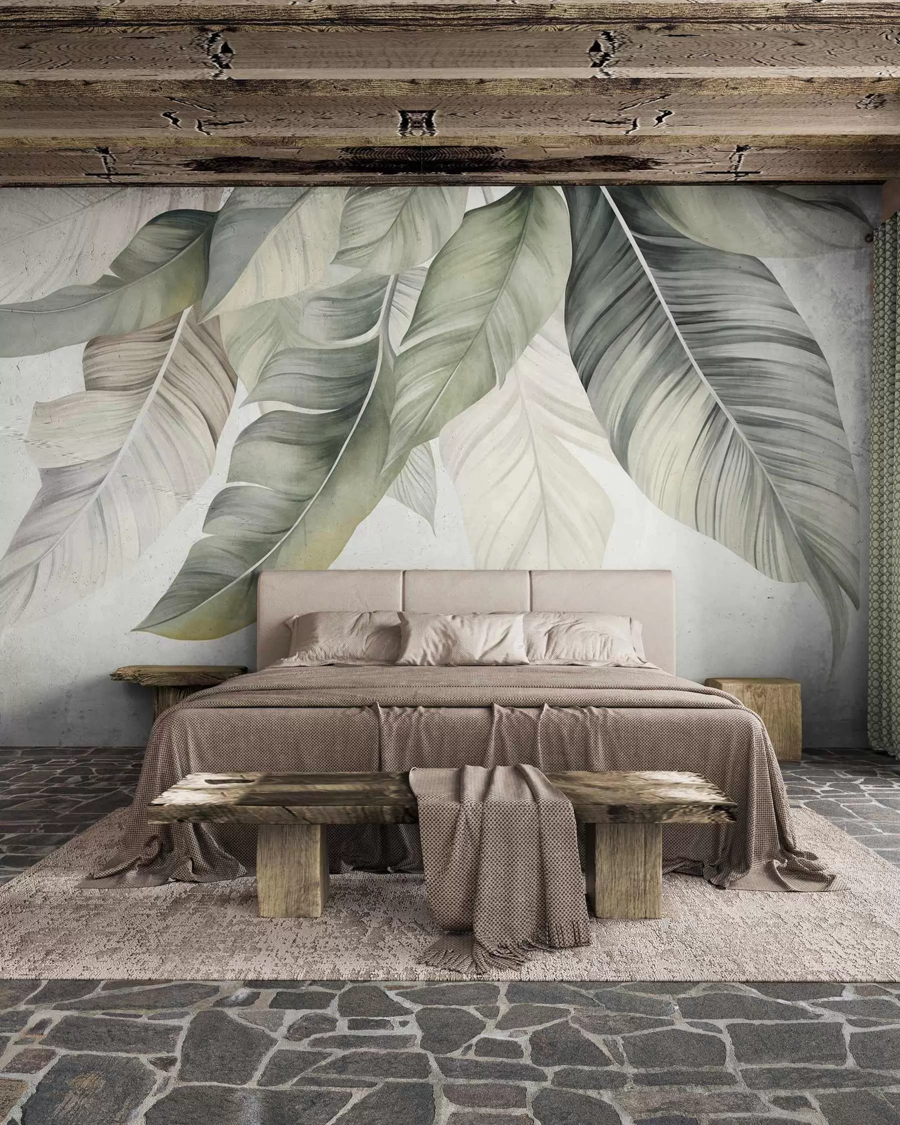 wall murals Велики, бледозелени листови банане са детаљним венама, текстурирана уметност, светла позадина w09941