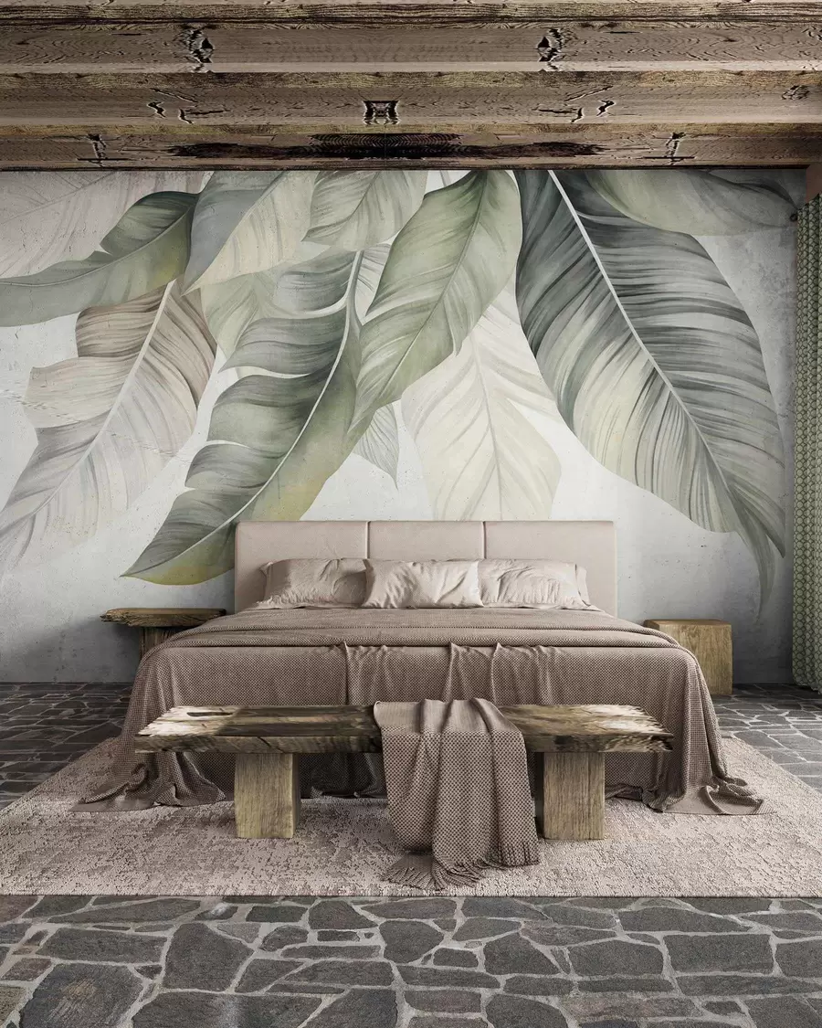 wall murals Велики, бледозелени листови банане са детаљним венама, текстурирана уметност, светла позадина w09941