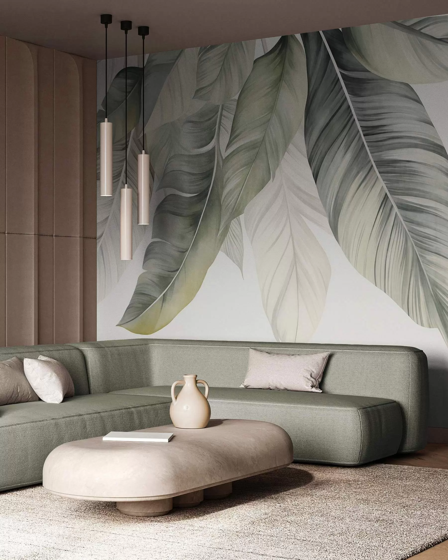 wall murals Велики, бледозелени листови банане са детаљним венама, текстурирана уметност, светла позадина w09941