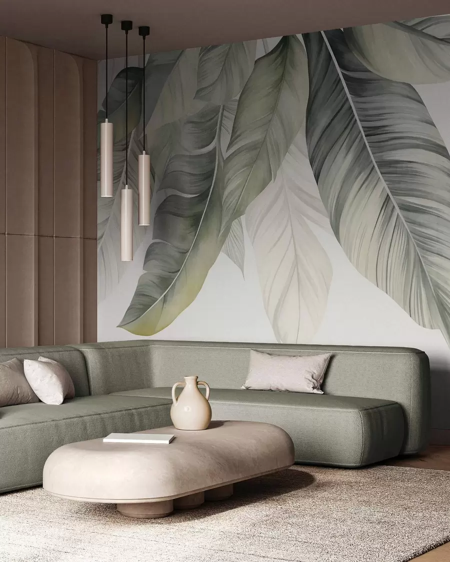 wall murals Велики, бледозелени листови банане са детаљним венама, текстурирана уметност, светла позадина w09941