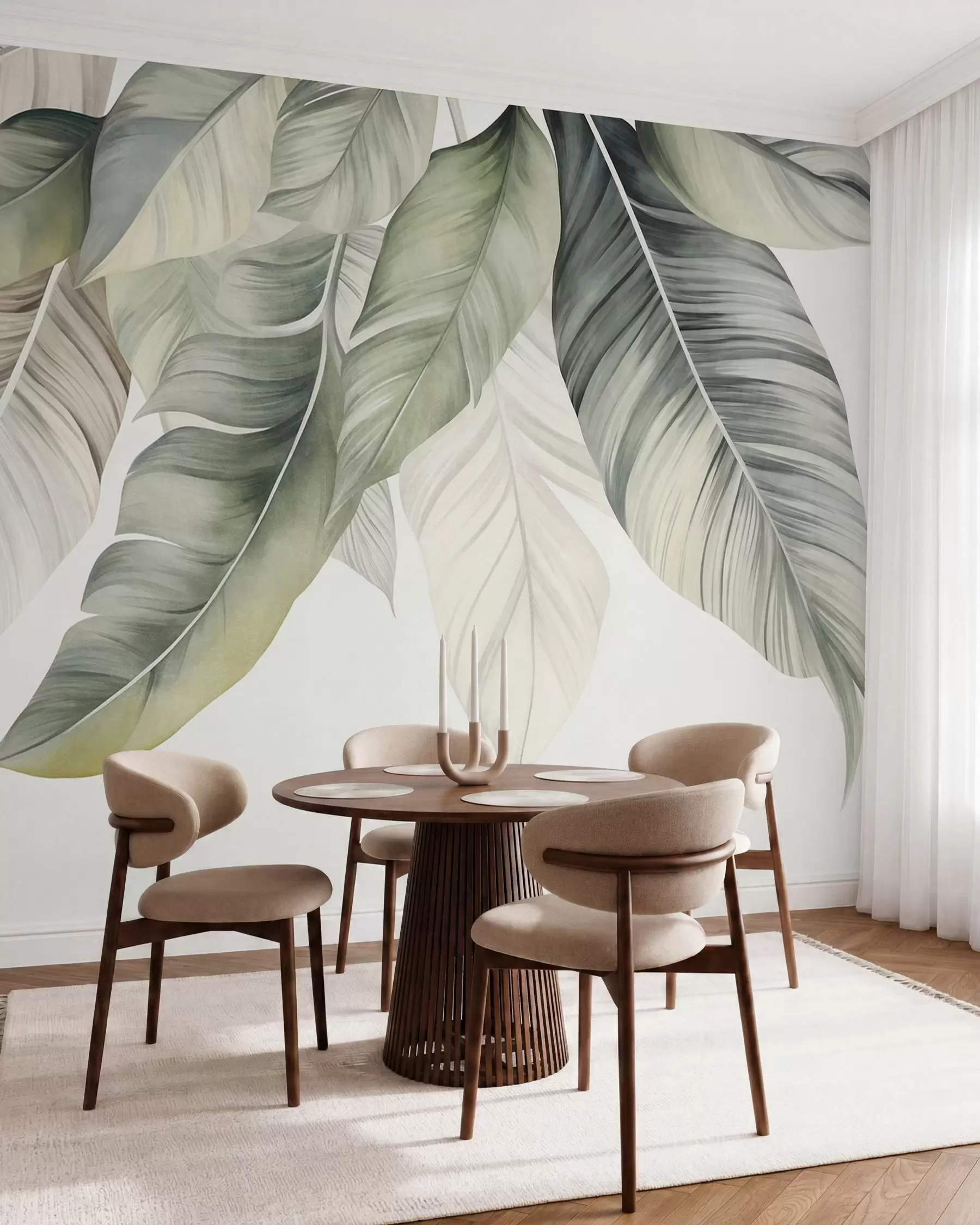 wall murals Велики, бледозелени листови банане са детаљним венама, текстурирана уметност, светла позадина w09941