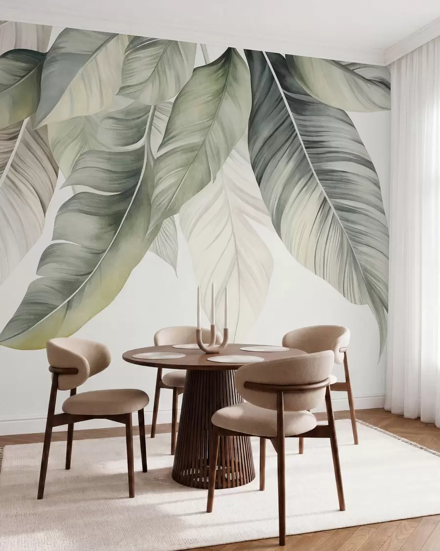 wall murals Велики, бледозелени листови банане са детаљним венама, текстурирана уметност, светла позадина w09941
