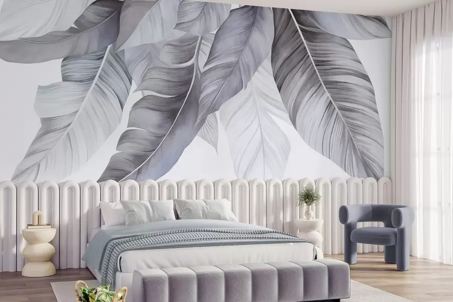 wall murals Велики, бледоплави листови банане са детаљним венама, текстурирана уметност, светла позадина w09941v1