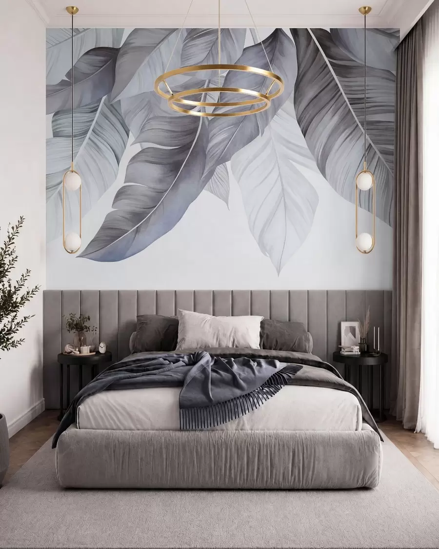 wall murals Велики, бледоплави листови банане са детаљним венама, текстурирана уметност, светла позадина w09941v1