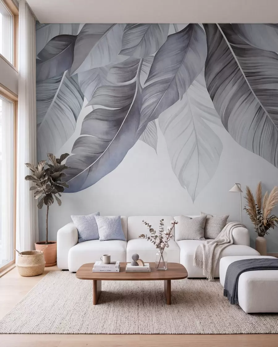 wall murals Велики, бледоплави листови банане са детаљним венама, текстурирана уметност, светла позадина w09941v1