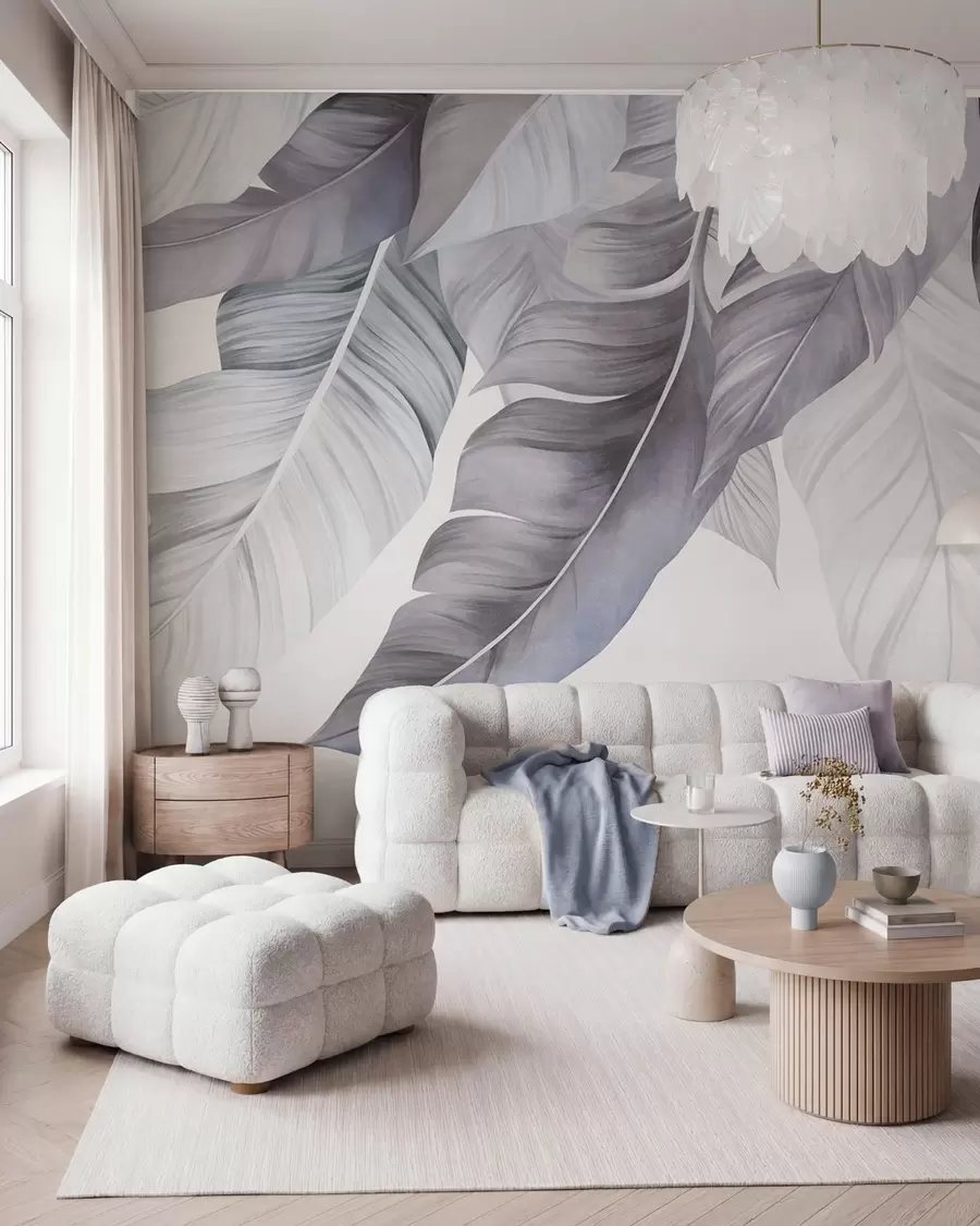 wall murals Велики, бледоплави листови банане са детаљним венама, текстурирана уметност, светла позадина w09941v1