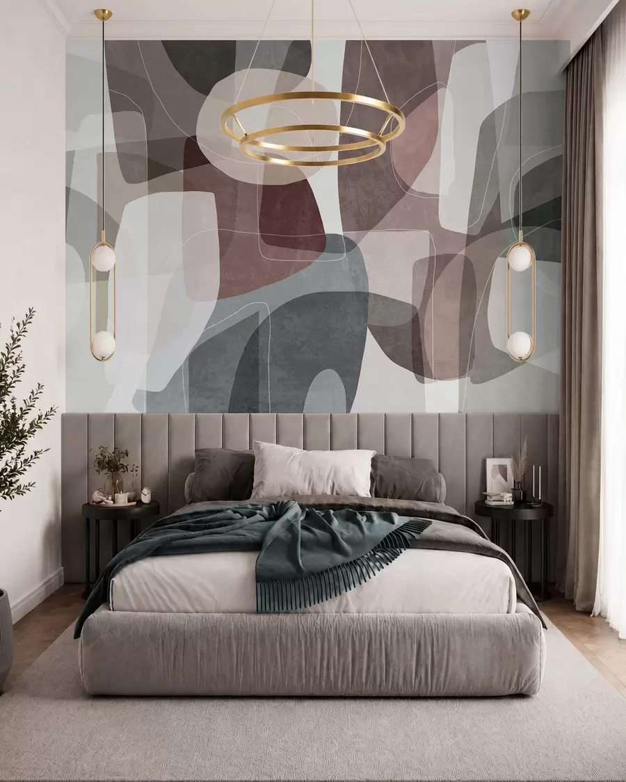 wall murals Апстрактни облици у пригушеним земљаним тоновима са танким белим линијама, преклапајућим текстурама w09942