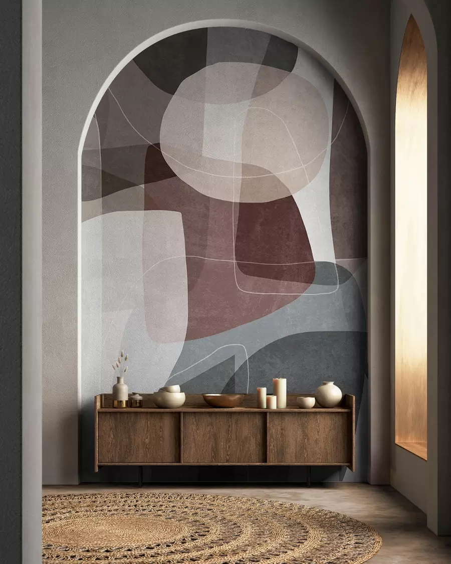 wall murals Апстрактни облици у пригушеним земљаним тоновима са танким белим линијама, преклапајућим текстурама w09942