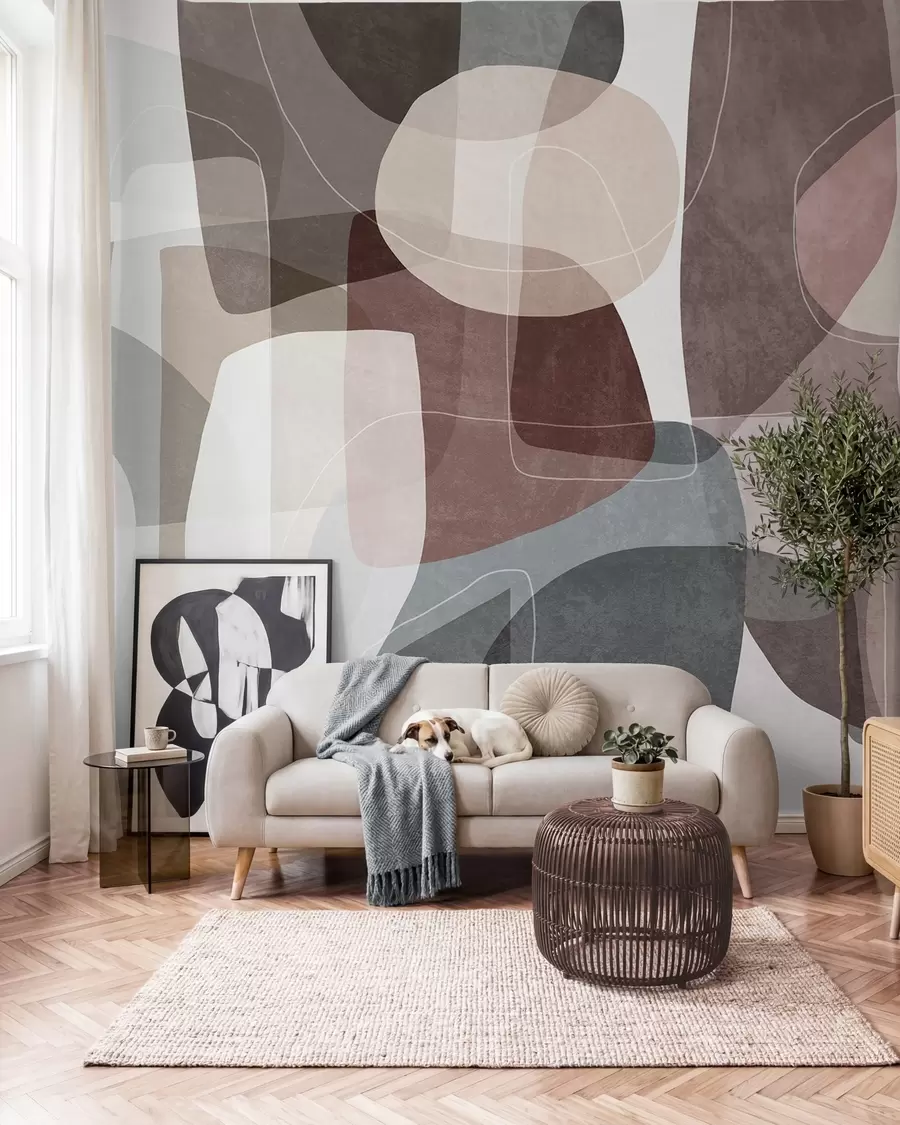 wall murals Апстрактни облици у пригушеним земљаним тоновима са танким белим линијама, преклапајућим текстурама w09942